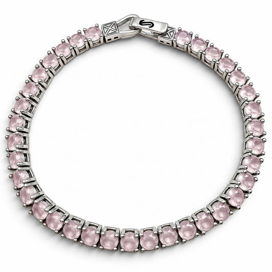Pulsera Redonda Cuarzo Rosa Plata Ley 925