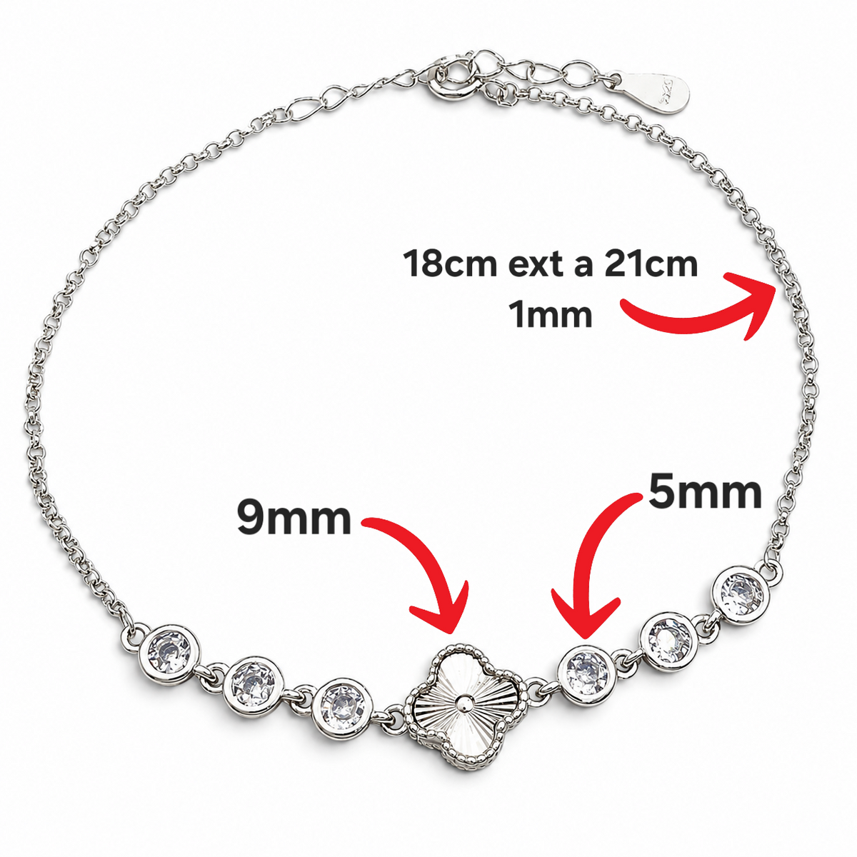 Pulsera Diamantada Zirconia 1 Trebol Plata Ley 925