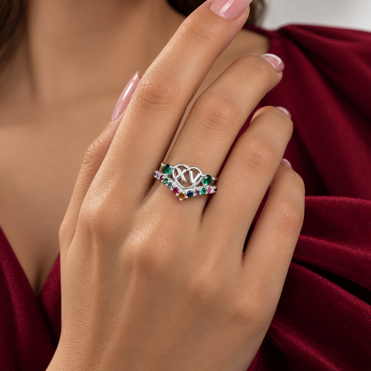 Anillo XV Verde Plata Ley 925