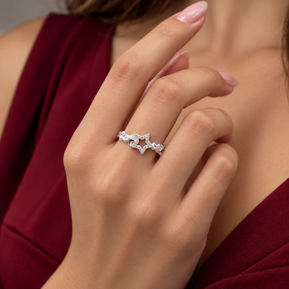 Anillo Estrella Rosa Plata Ley 925