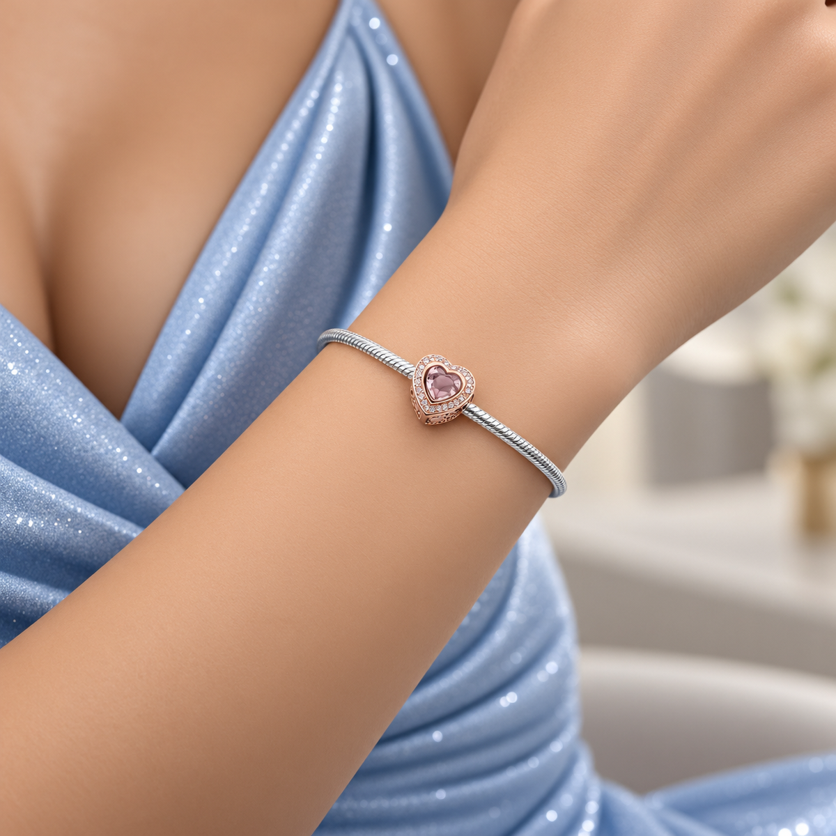 Charm Corazon Rosa Plata Ley 925