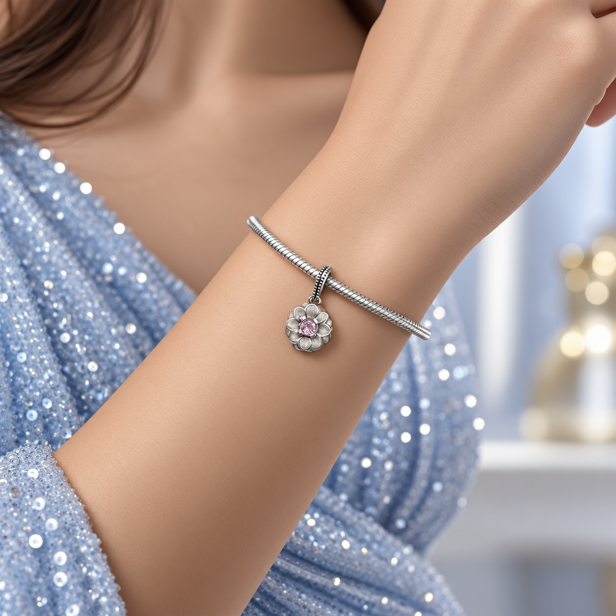 Charm Flor Rosa Plata Ley 925