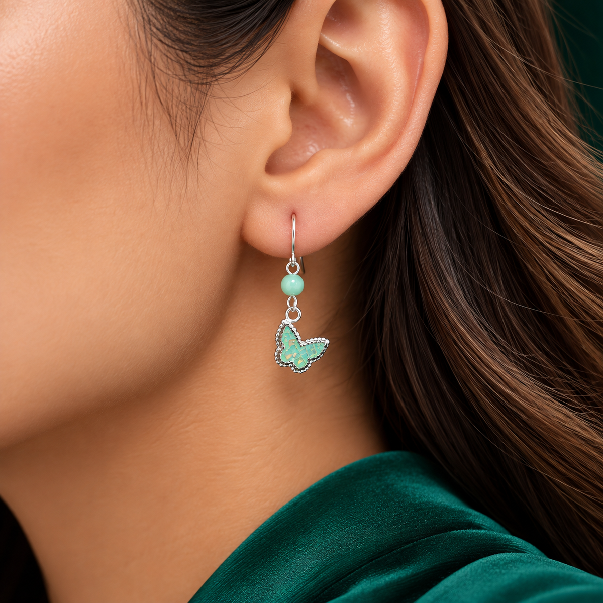 Arete Mariposa Verde Plata Ley 925