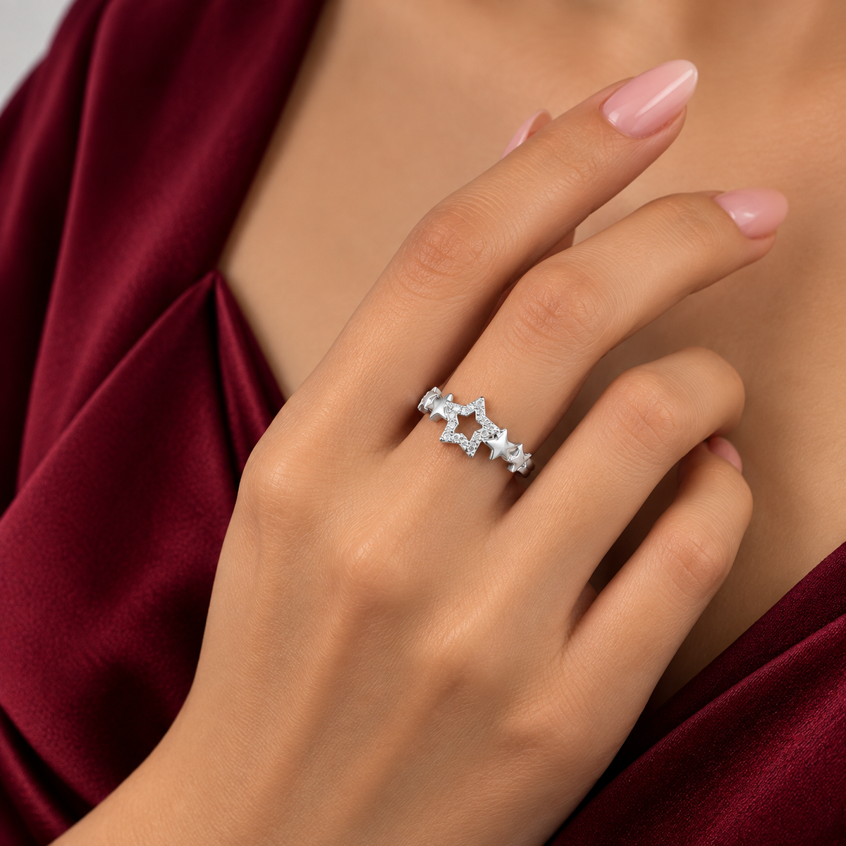 Anillo Estrella Blanco Plata Ley 925