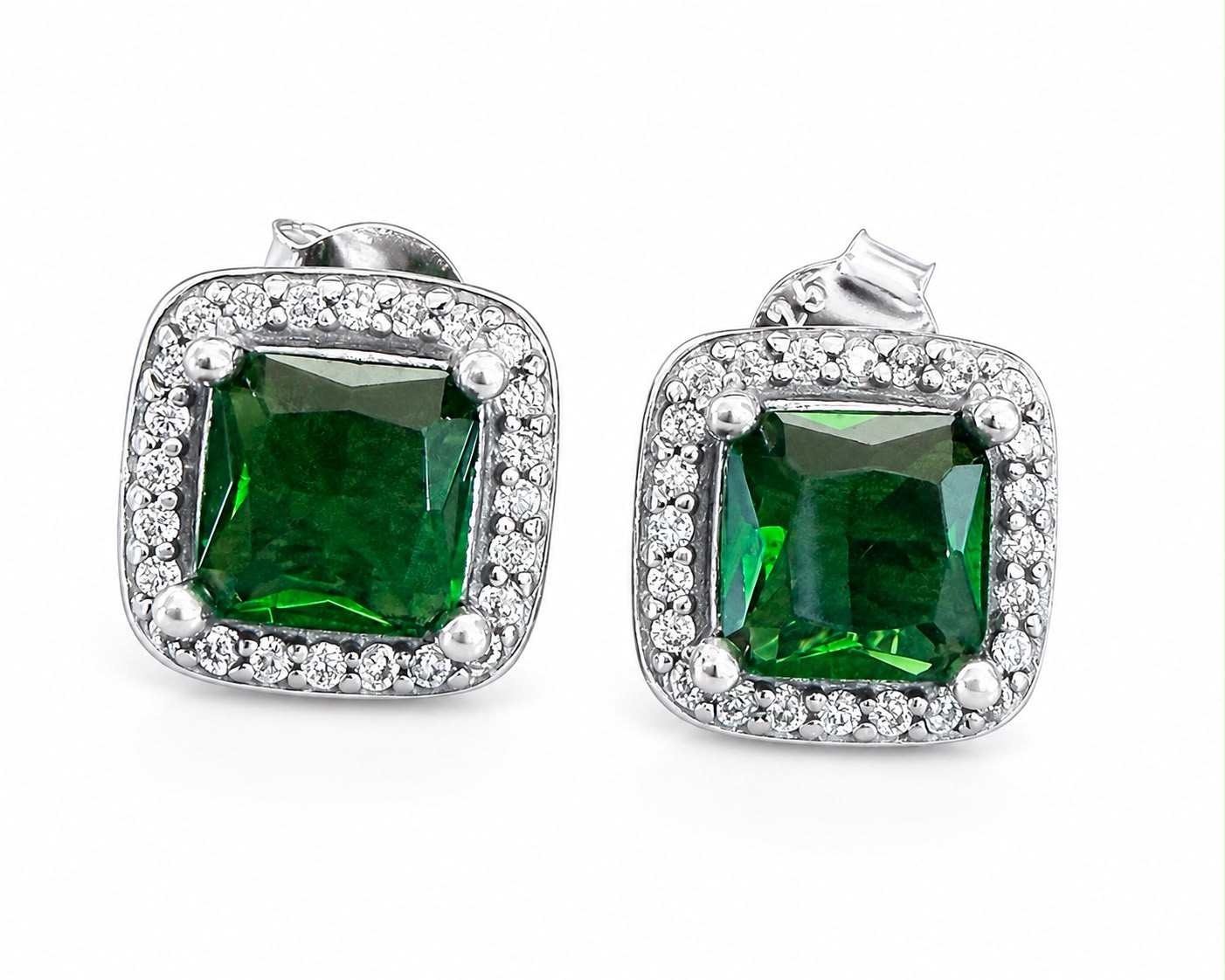 Aretes Inspirados Cuadro Verde Estilo Pan en Plata Ley .925