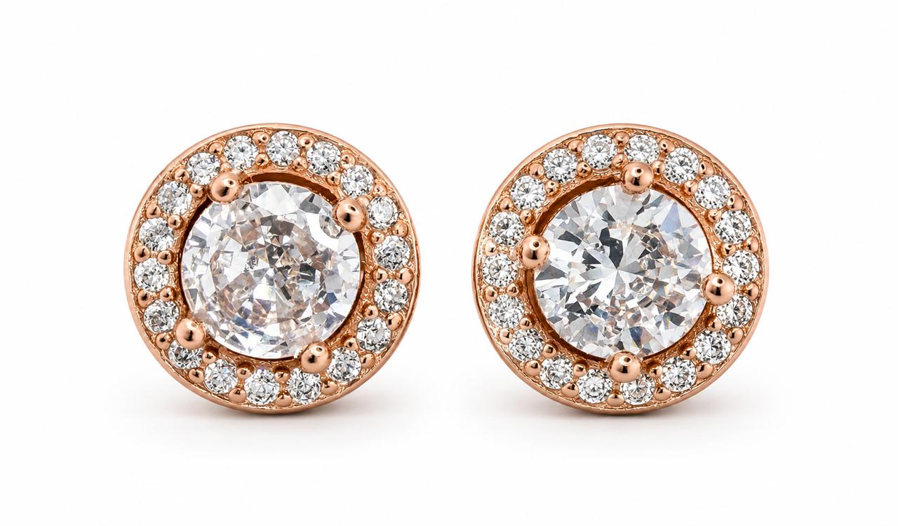 Aretes Pan de Joyería Inspirada Zirconia blanca en Plata Ley .925 con Baño Rosa