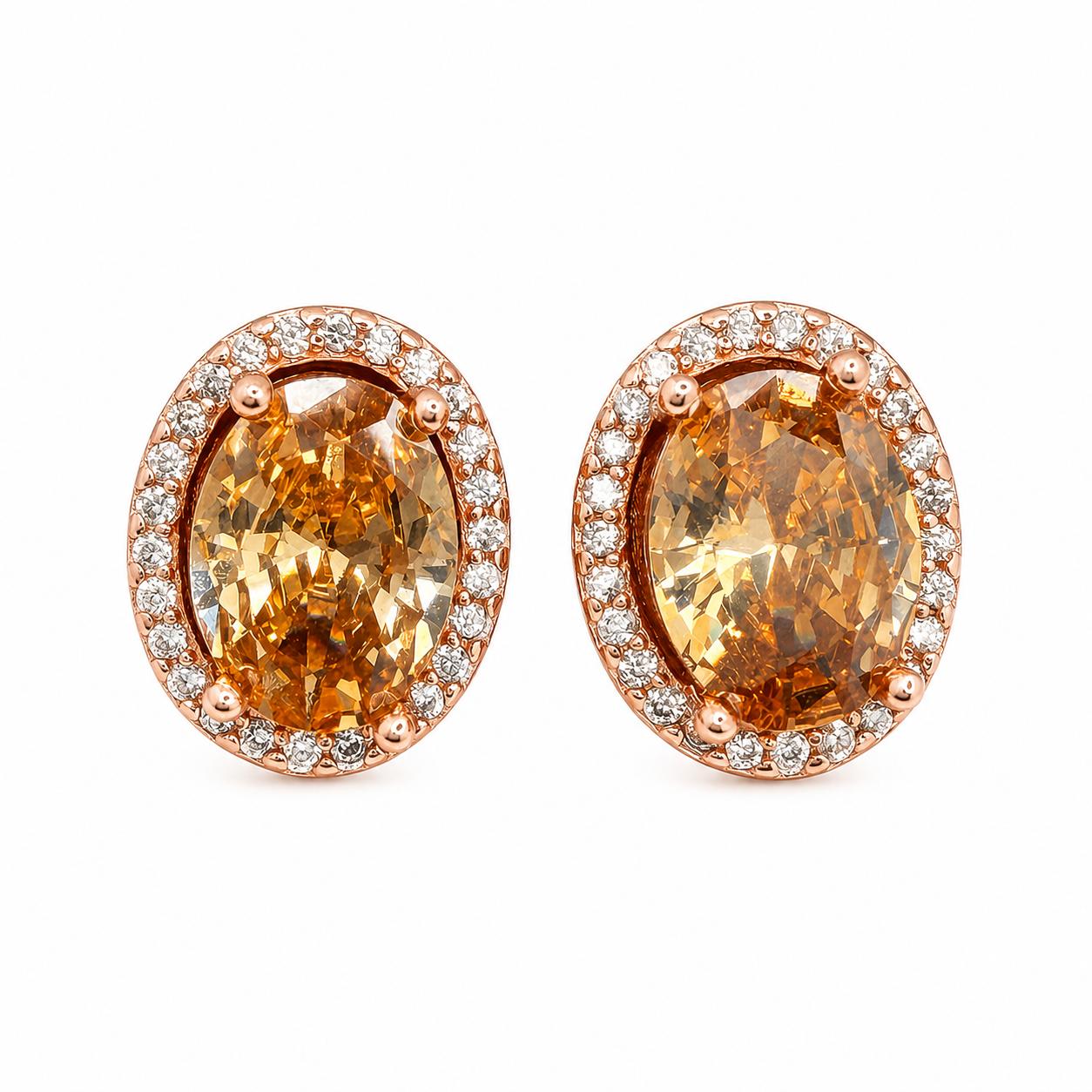 Aretes Pan de Joyería Inspirada Ovalo Zirconia en Plata Ley .925 con Baño Rosa