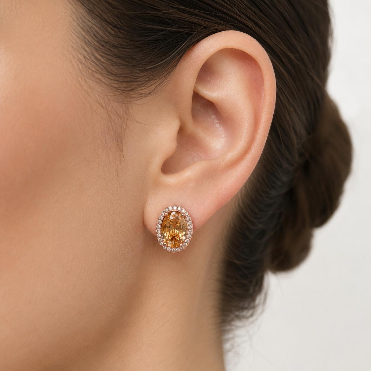 Aretes Pan de Joyería Inspirada Ovalo Zirconia en Plata Ley .925 con Baño Rosa