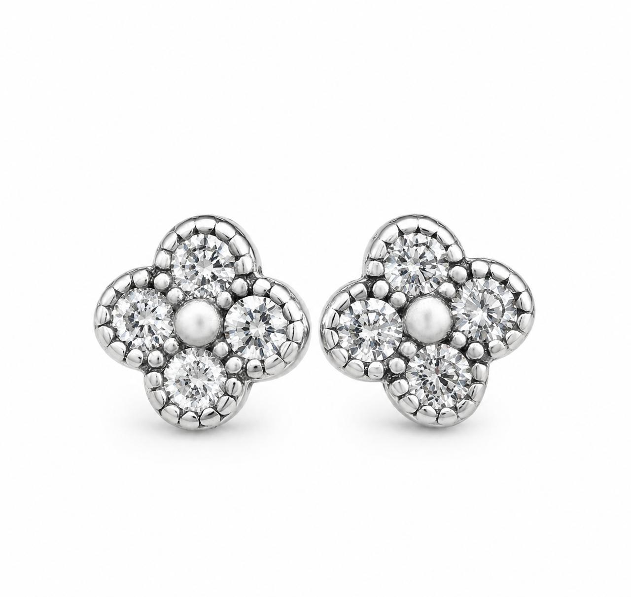 Aretes Inspirados Estilo Pan Flor Zirconia en Plata Ley .925