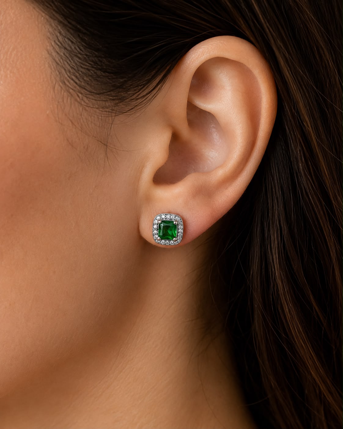 Aretes Inspirados Cuadro Verde Estilo Pan en Plata Ley .925